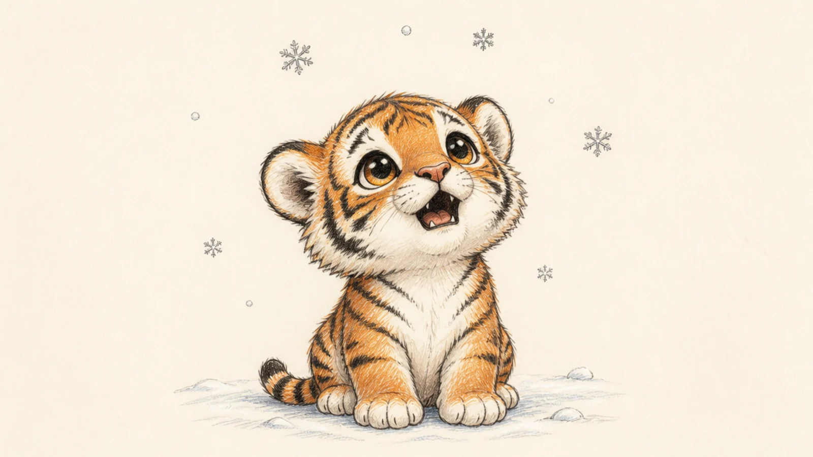 A baby tiger cub looking up at falling snowflakes