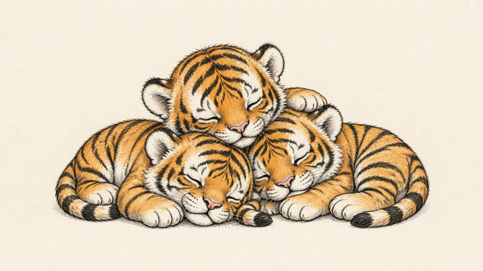A little pile of baby tiger cubs sleeping together