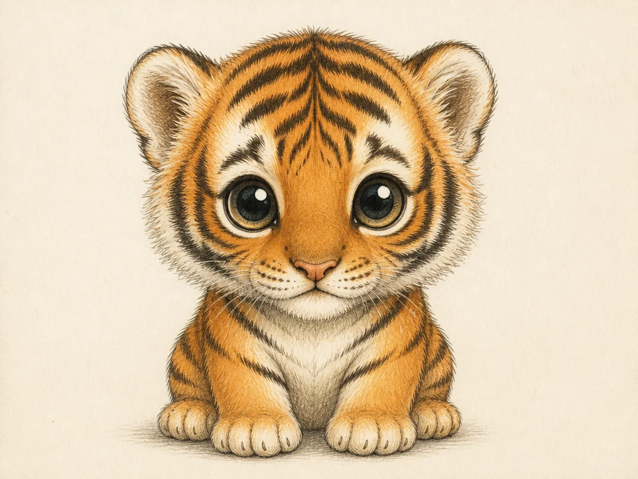 A close-up portrait of a baby tiger cub's face with huge eyes
