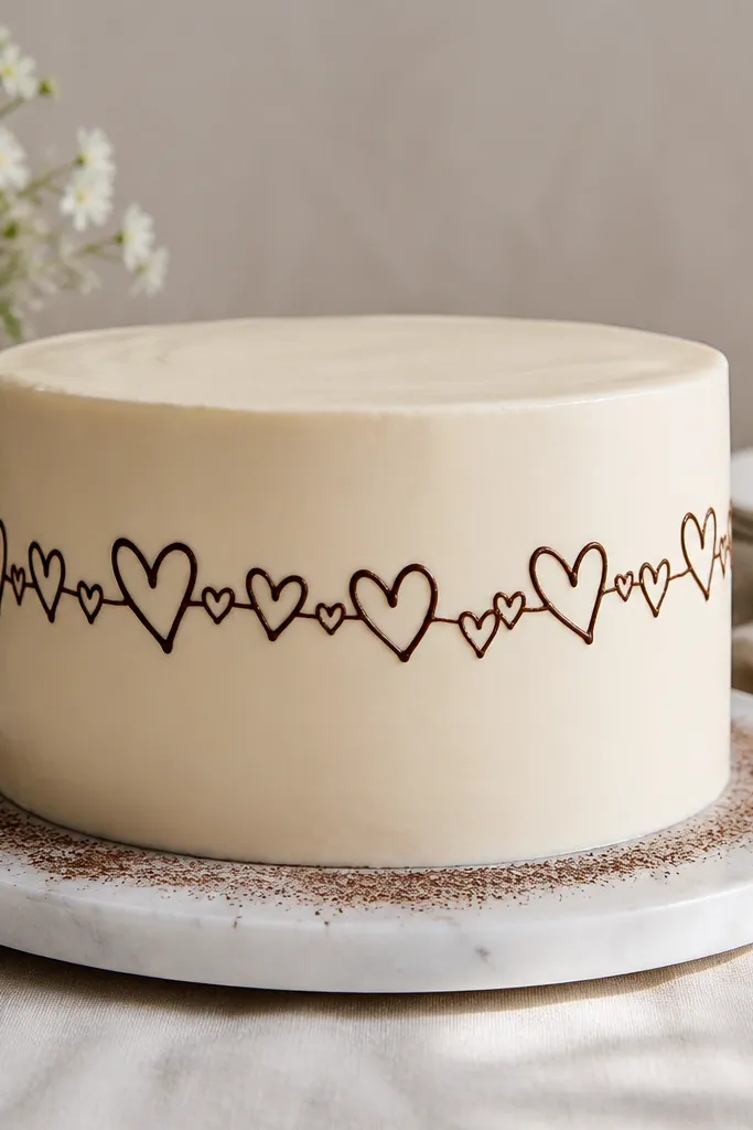 Chocolate-brown single-line hearts flowing down a cake edge