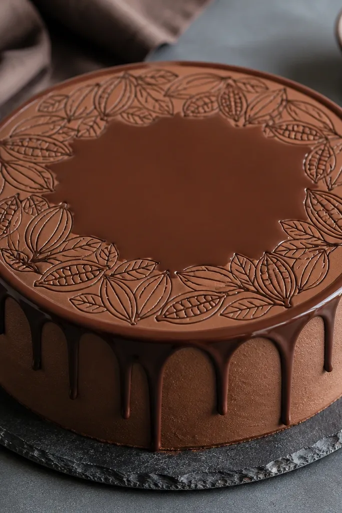 Dark chocolate drip with small sketched cocoa bean outlines around it