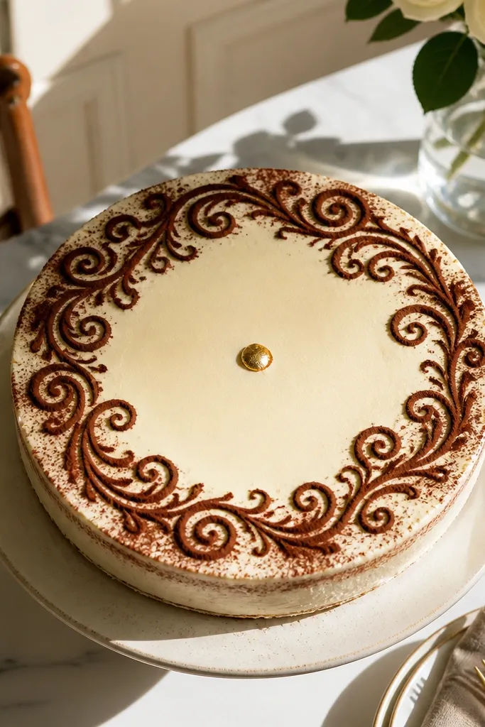 Brown swirl frame drawn in icing with a simple gold dot center