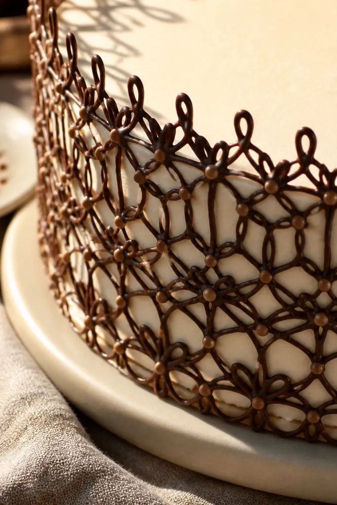 Thin chocolate lace pattern border around the cake base