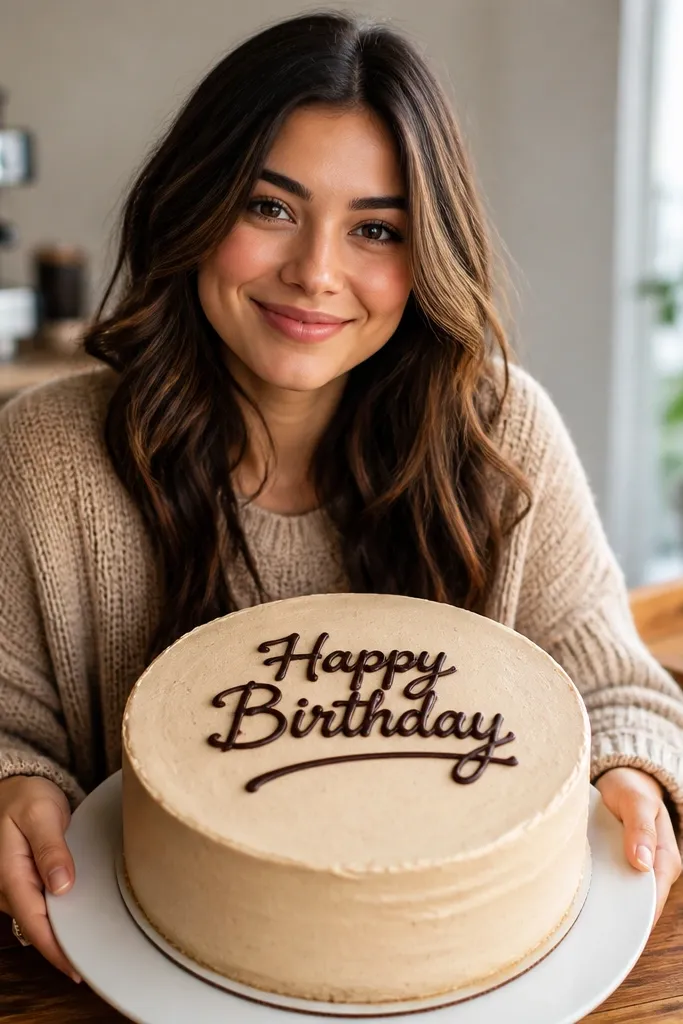 Chocolate-brown hand-lettered text with an underline flourish on a cake top