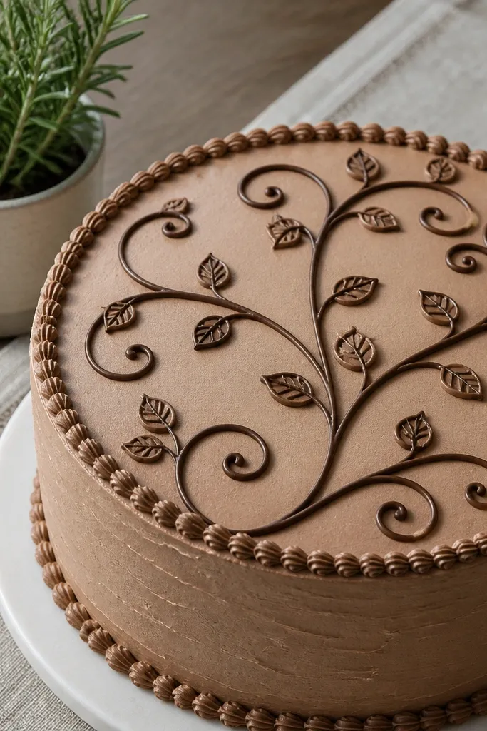 Chocolate-brown vine drawing with small leaf outlines around a cake