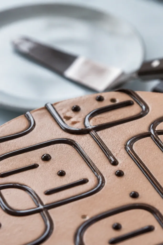 Chocolate-brown geometric rectangles and curves drawn on cake top