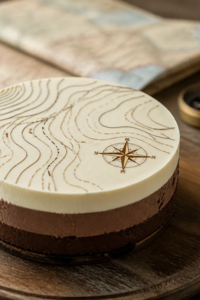 Chocolate-brown map-like contour lines with a small compass rose on cake top
