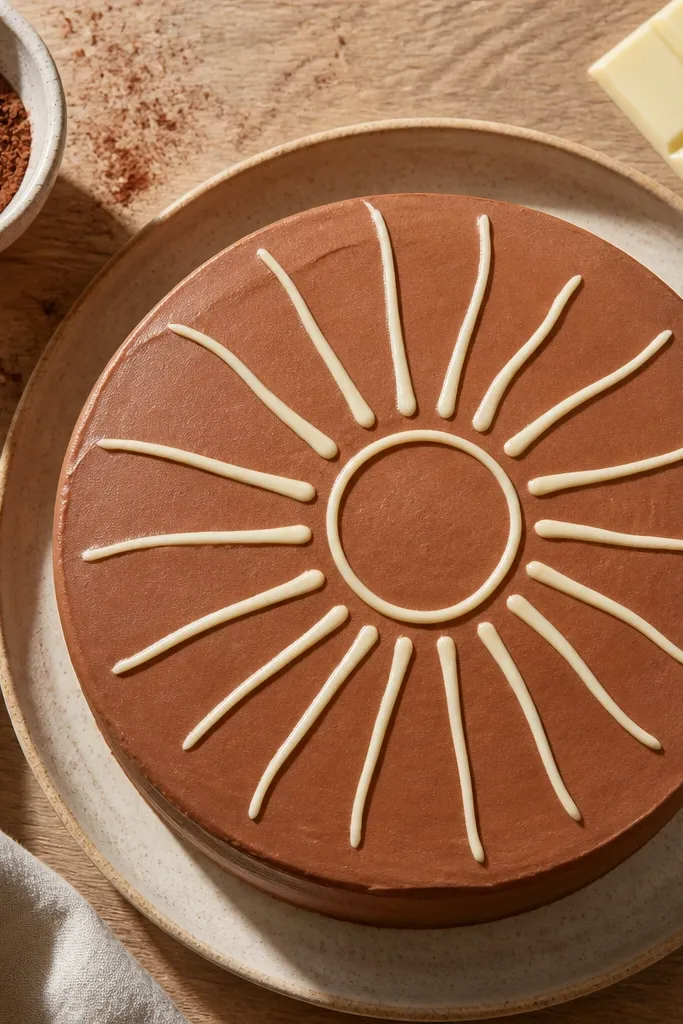 Chocolate-brown sunburst outline with lighter rays radiating from center