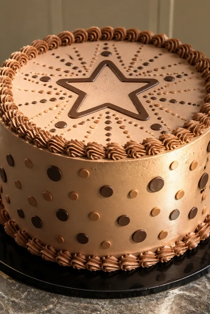 Brown confetti dots radiating from a big outlined star on cake top