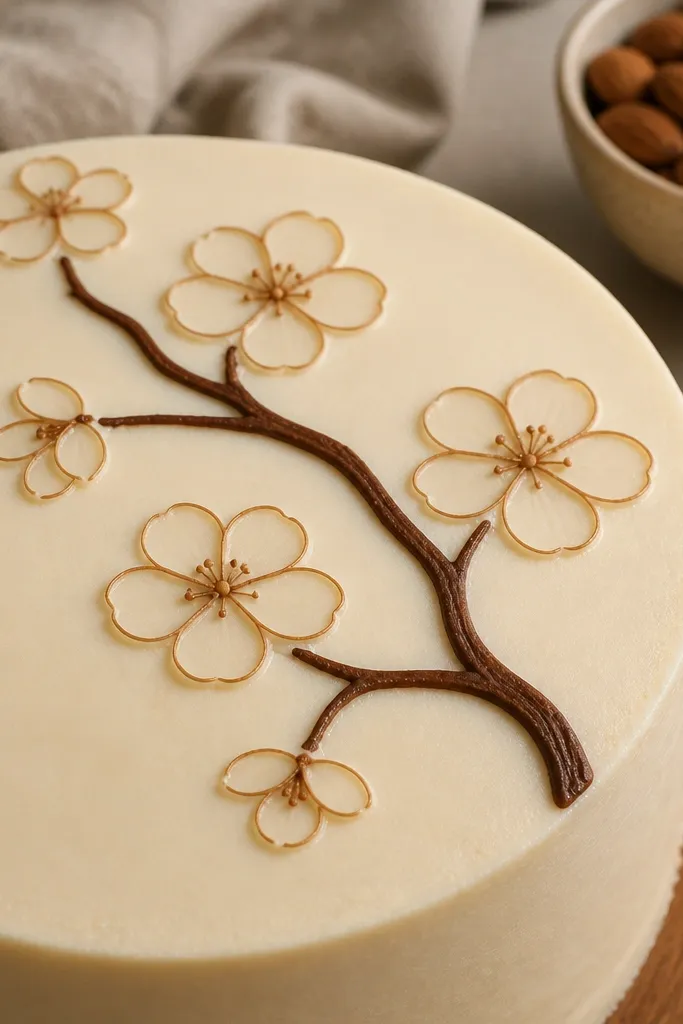 Chocolate branch drawing with small blossom outlines in a lighter brown