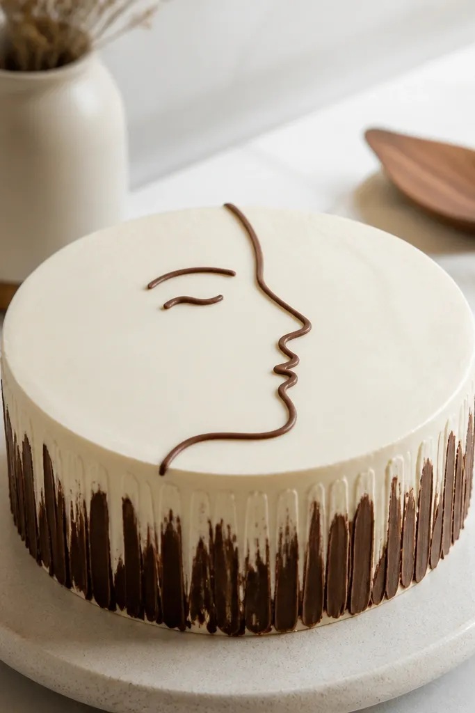 Abstract chocolate silhouette face outline with minimal features on cake