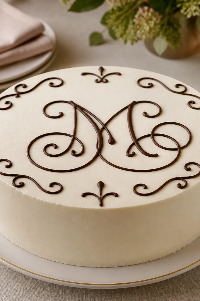 Chocolate-brown monogram letter with looping corner flourishes on cake top