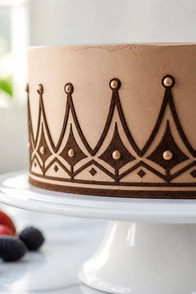 Chocolate crown drawing with small dot gems on cake top
