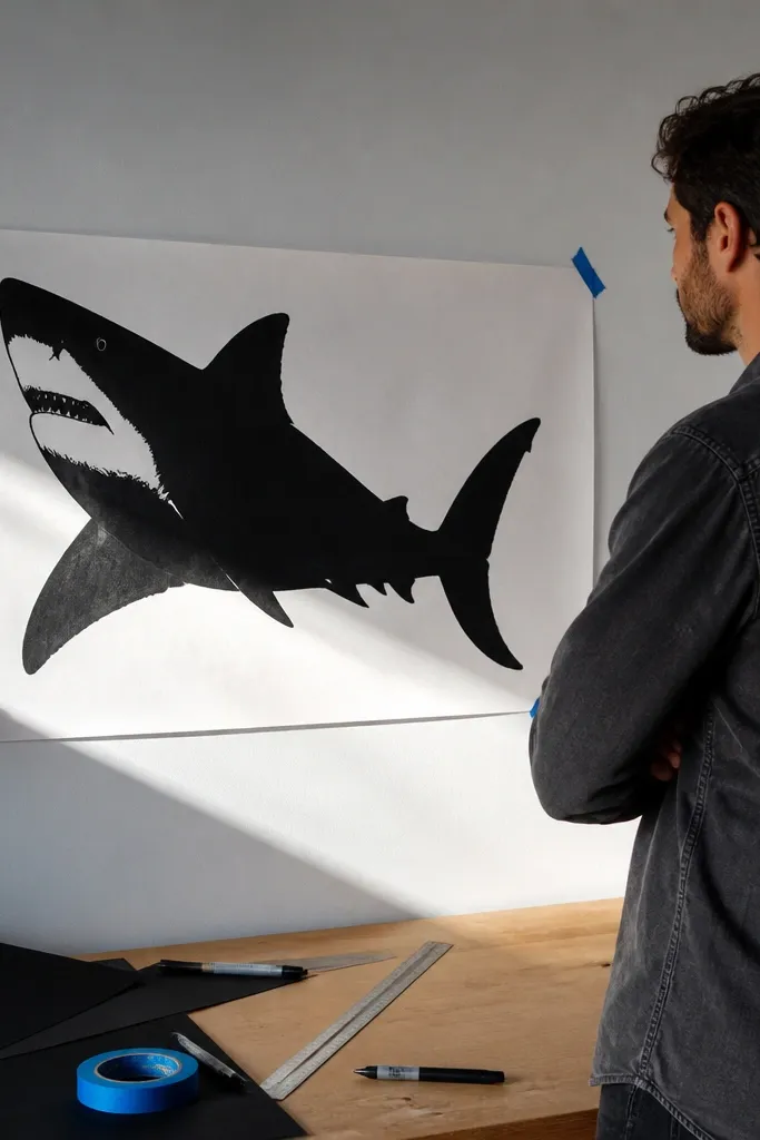 Black silhouette of a great white shark facing left on white paper.