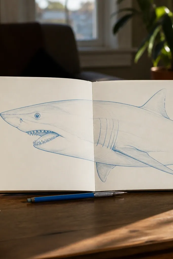Side profile great white head with a crisp tooth row and minimal shading.