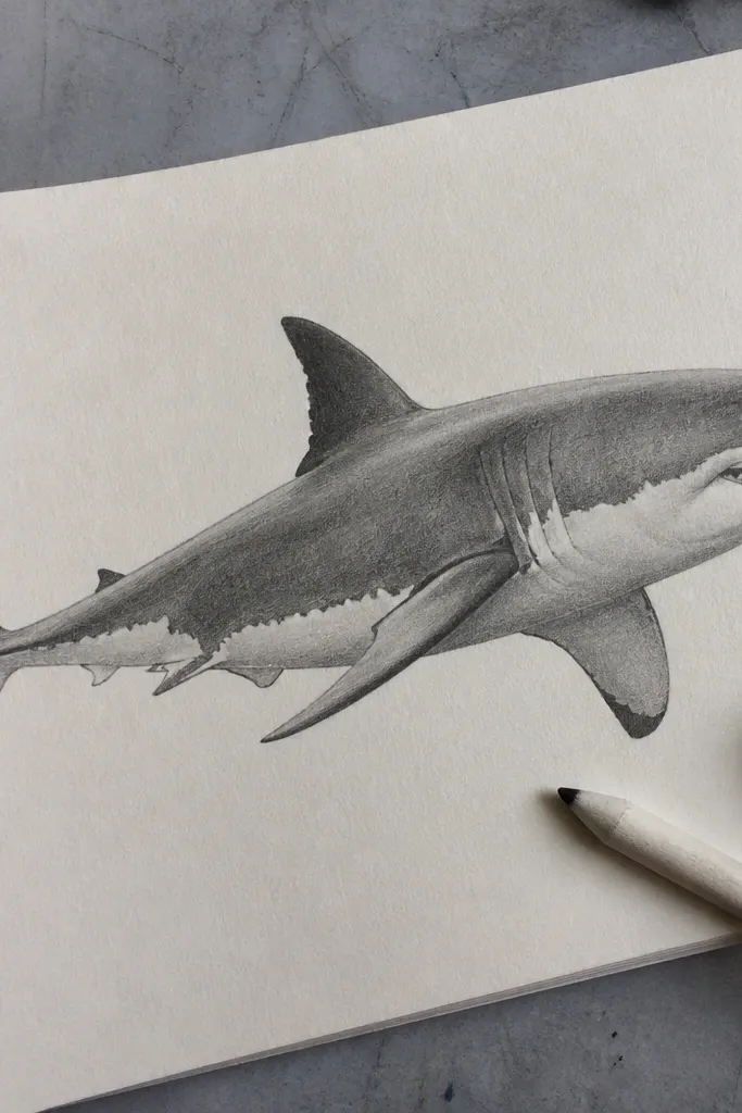 Pencil great white shark in three-quarter view with smooth grey shading.