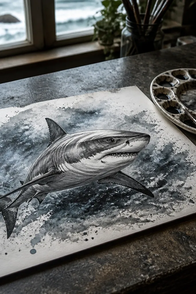Ink great white shark with grey wash water behind it and splatter texture.