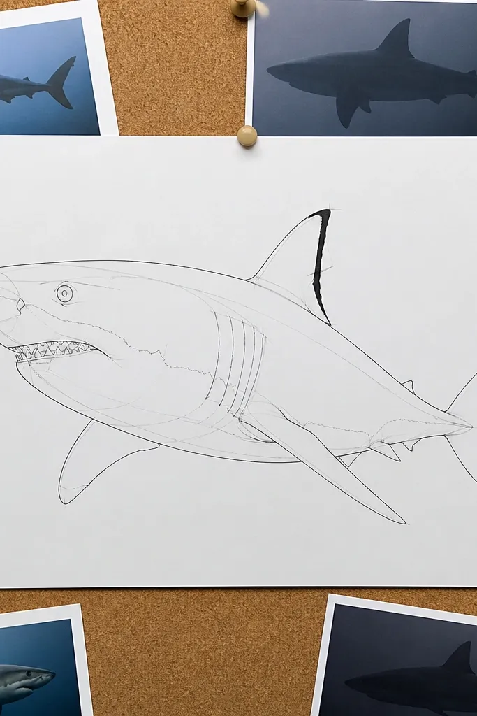 Minimal line great white shark with one fin colored in dark grey.