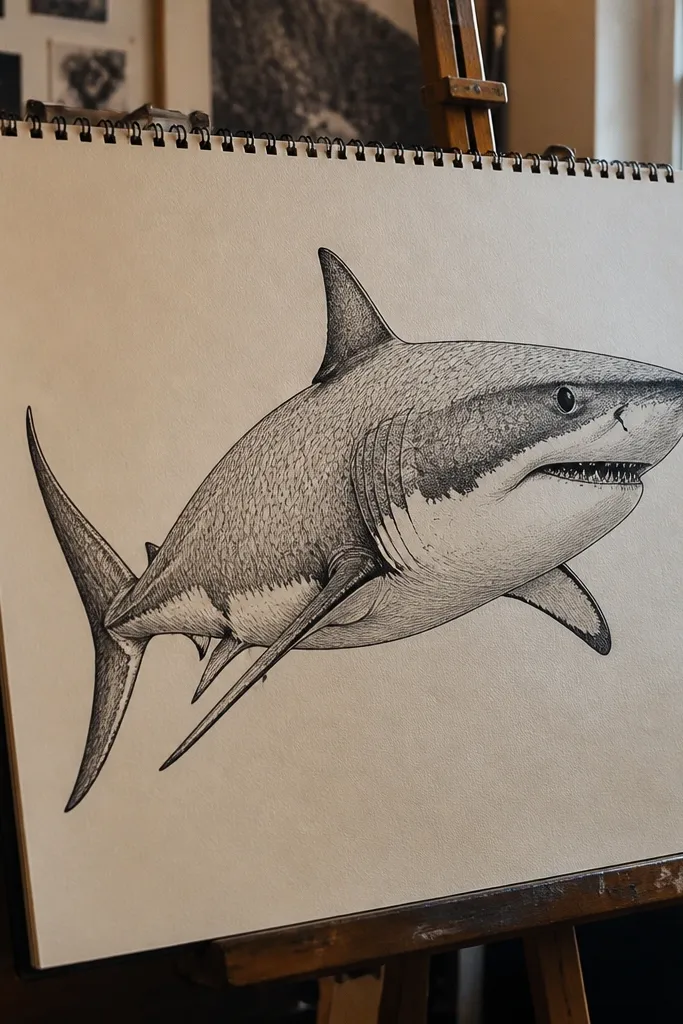Three-quarter great white with small scale-like marks along the body.