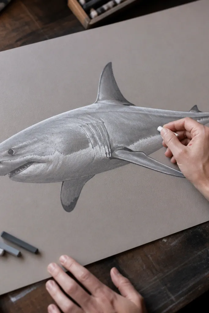 Great white shark drawn with white and grey pastels on dark grey paper.