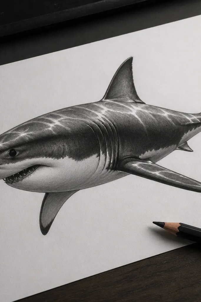 Smooth graphite great white shark with reflective highlights on the body.