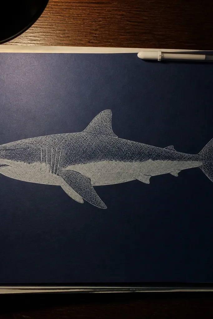 Crosshatched dark back of a great white with clean light belly.