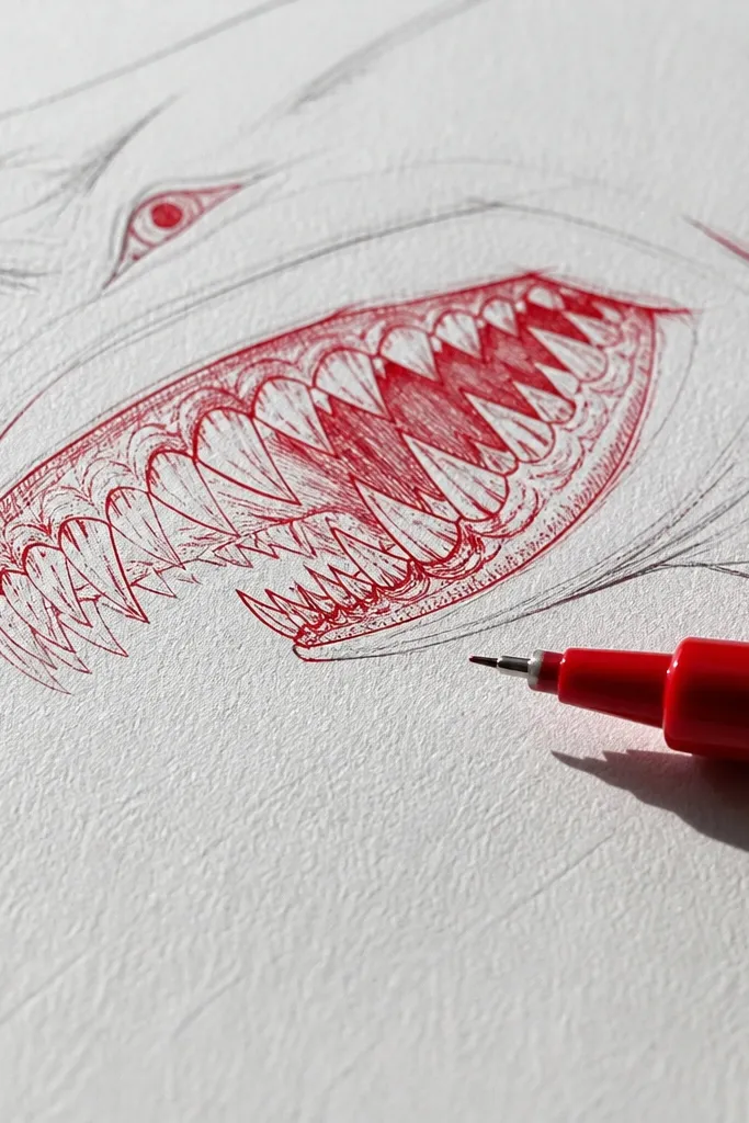 Great white tooth row in red ink with a lightly speckled background.