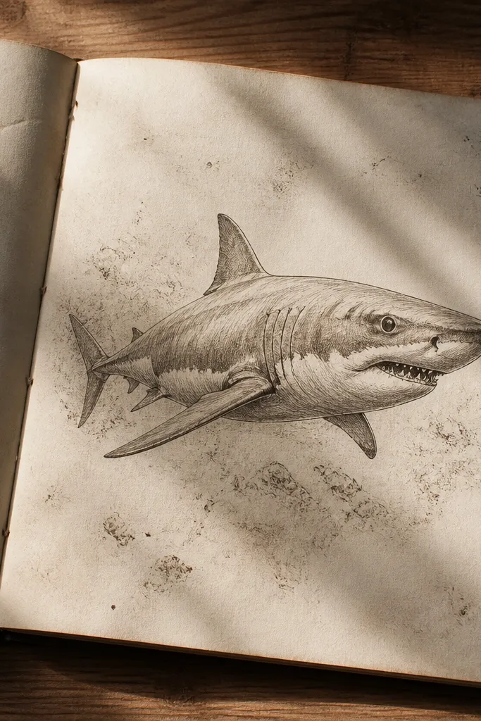 Vintage-style great white drawing with fine lines and light blotchy shading.