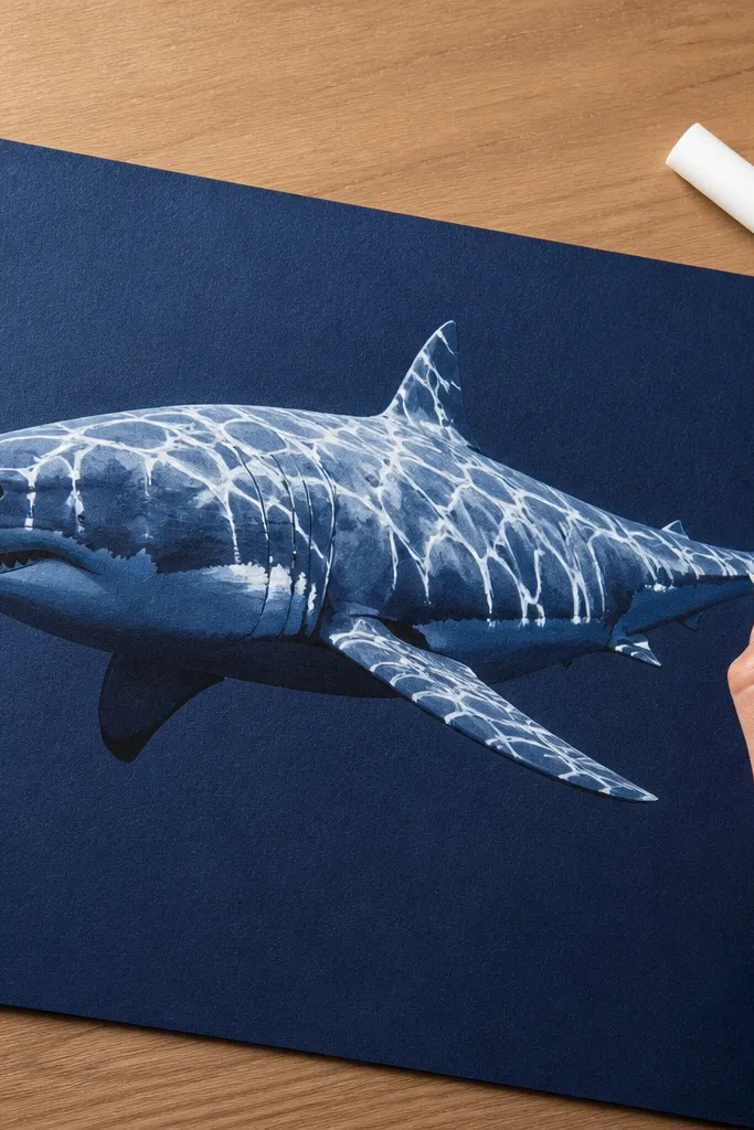 Great white shark on dark blue background with white foam-like highlights.