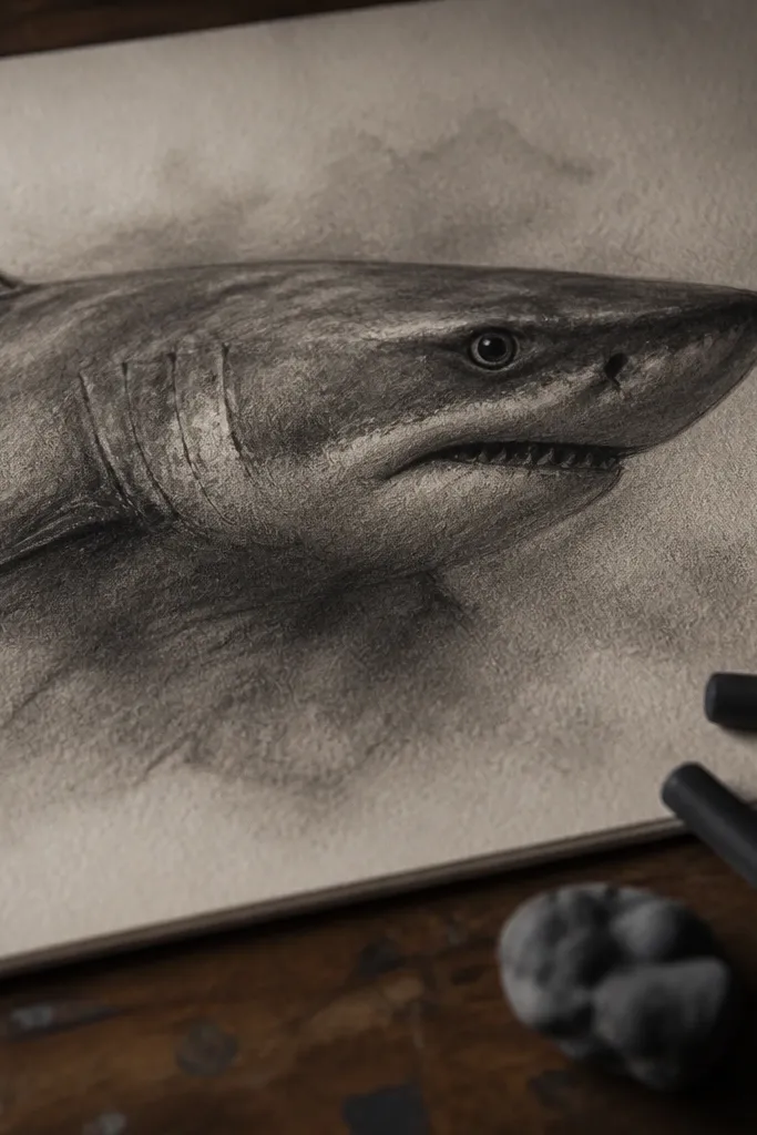 Charcoal great white portrait with smudged shading and a sharply defined eye.
