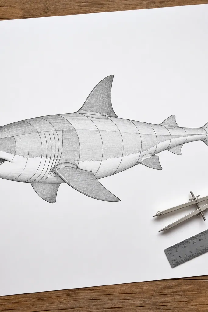 Great white shark with simple labeled-like contour lines showing body sections.