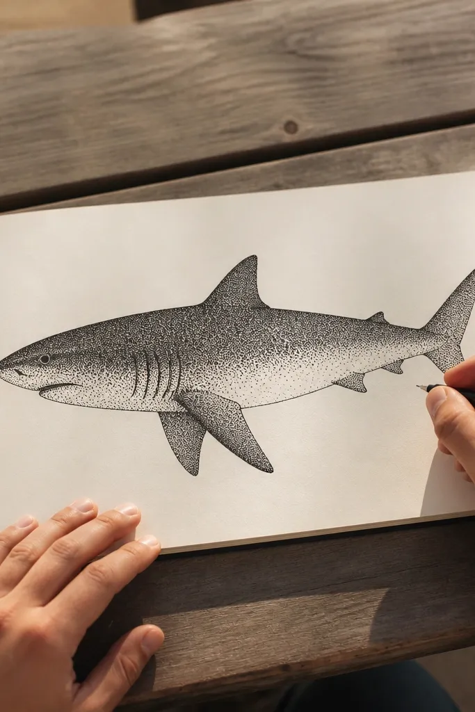 Pointillist great white shark with dots fading on the belly.