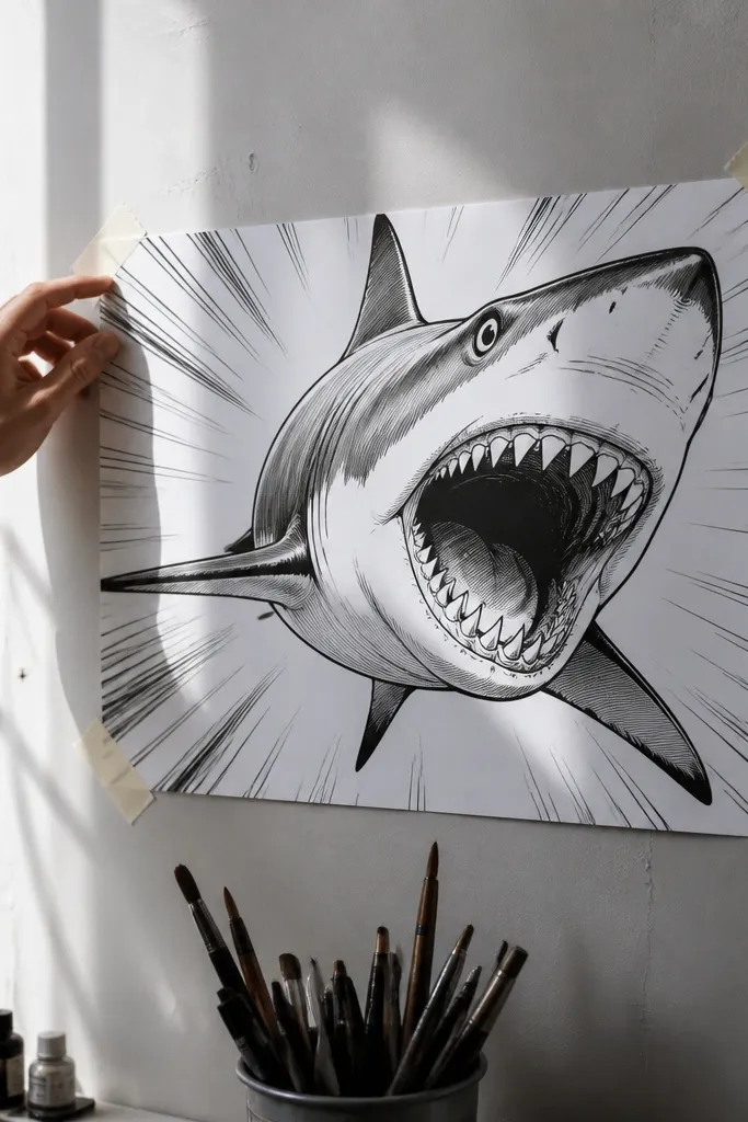 Comic-style great white shark in a panel with speed lines behind it.