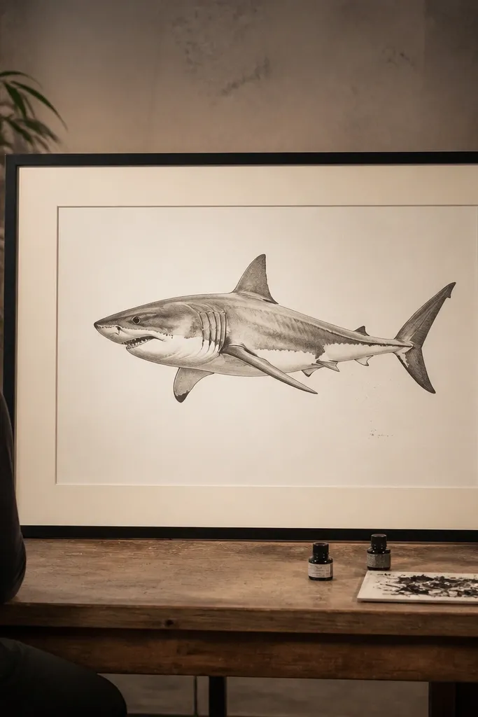 Great white ink drawing with lots of white space and a small label-like line area.