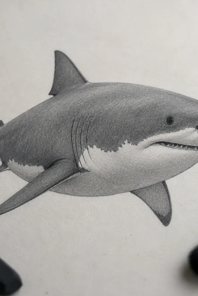 Great white shark drawn with only two charcoal tones and a soft edge.