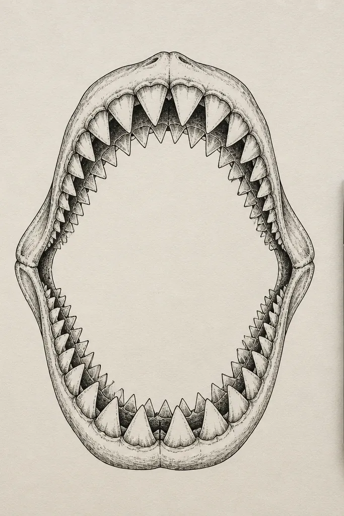 Minimal great white mouth with teeth drawn as repeating shapes and a clean background.