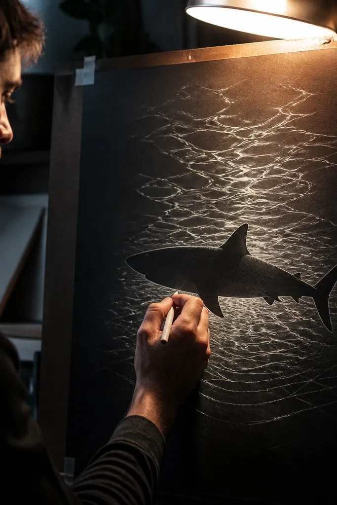 Great white silhouette with white ripple lines and a dark wash background.