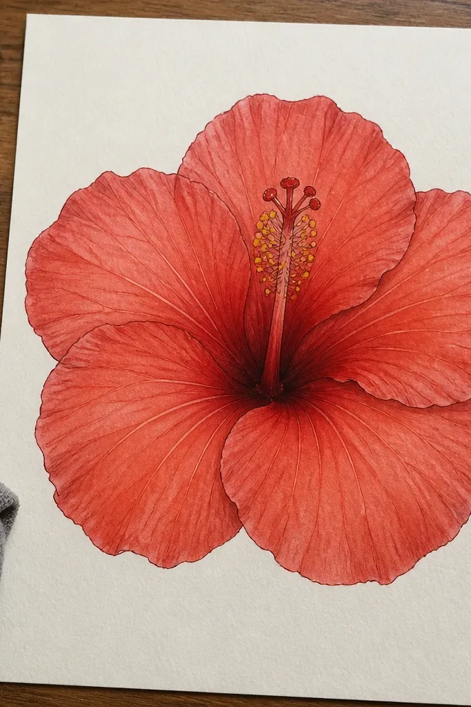 A red hibiscus flower front view with dark center throat and lighter petal edges