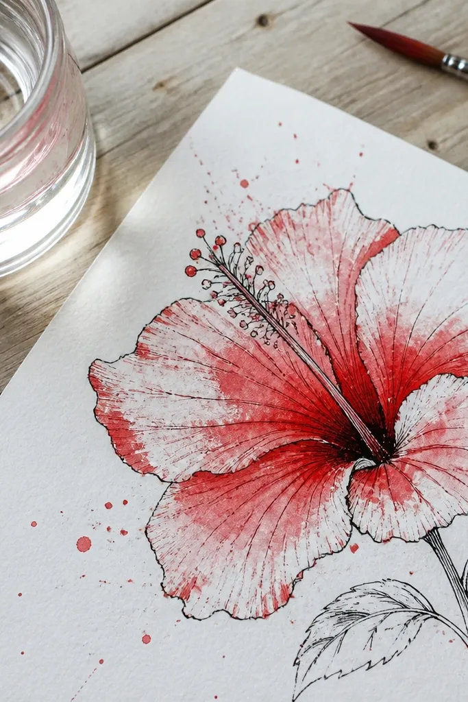 Red hibiscus petals with ink outlines and watercolor wash that softly bleeds