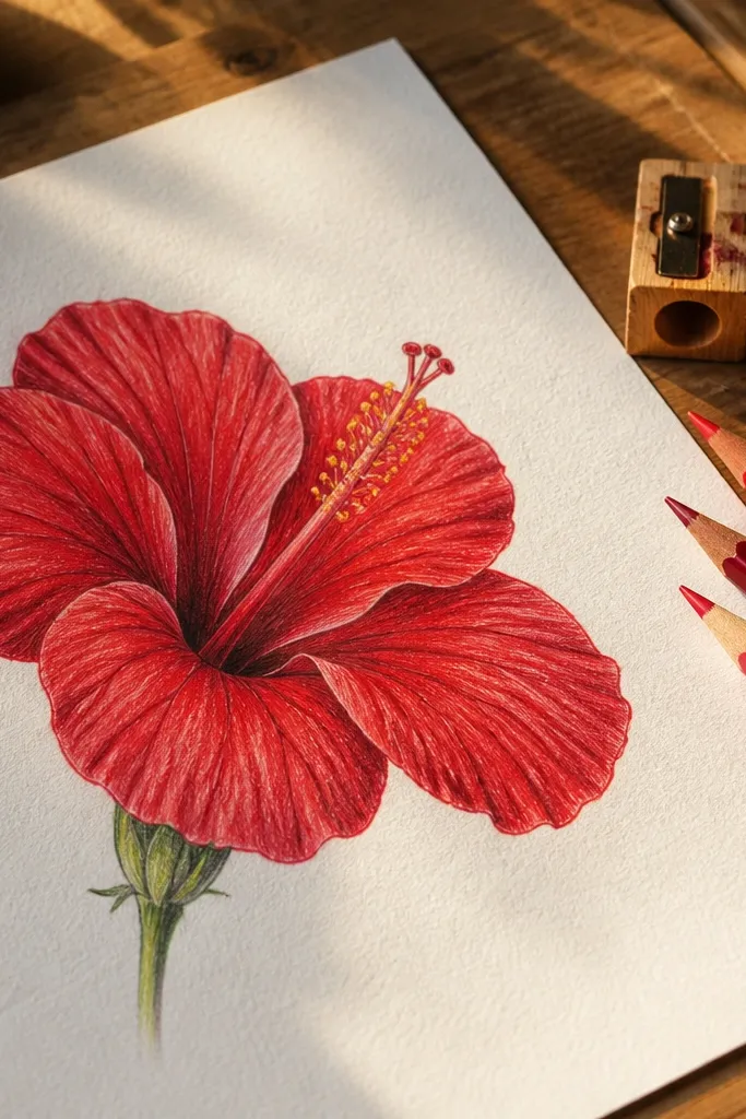 Red hibiscus petals with visible pencil veins and layered glazing