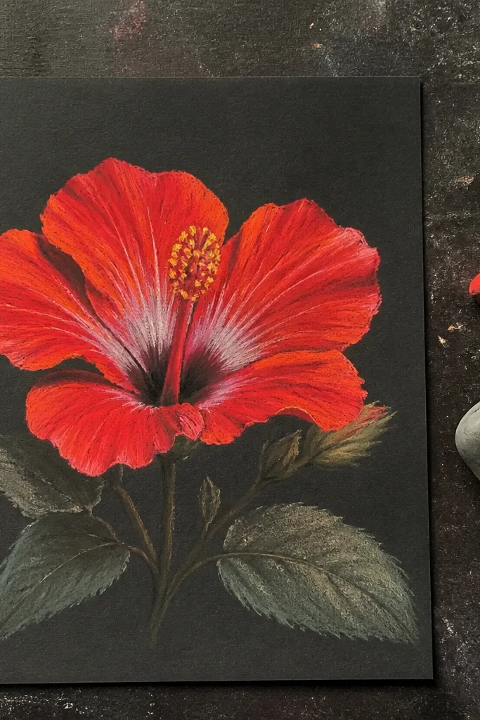 Red hibiscus flower drawn with chalky pastel on dark toned paper