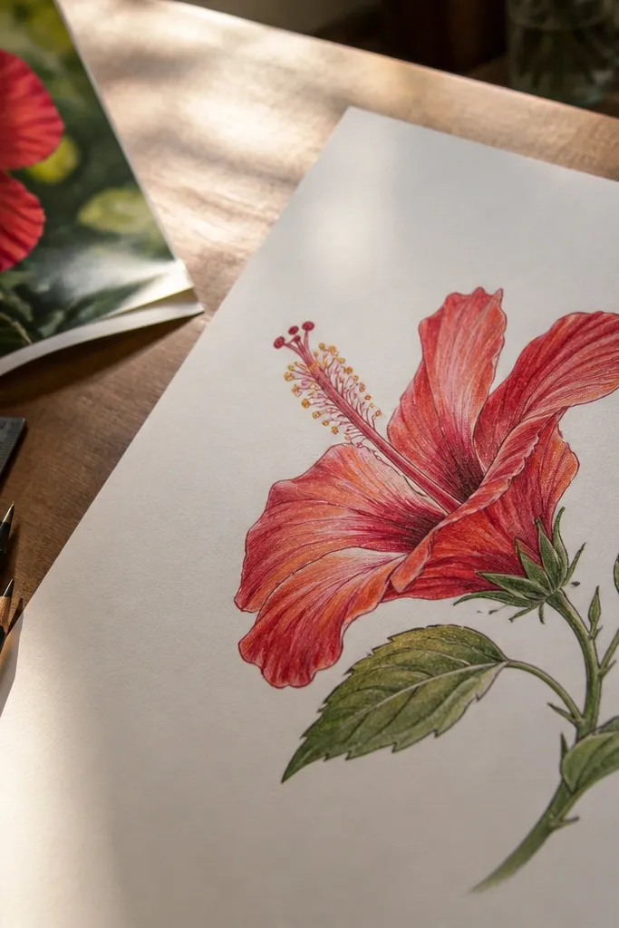 A red hibiscus in side profile with curved petals and a visible center