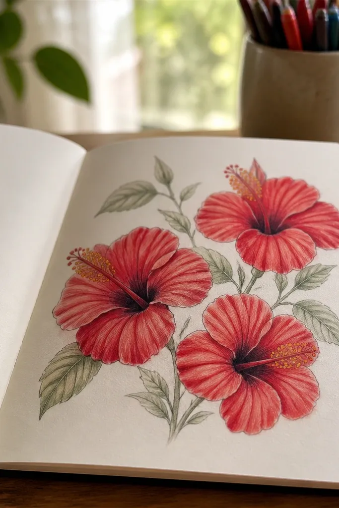 Three red hibiscus blooms with red petals and green leaves on a clean page