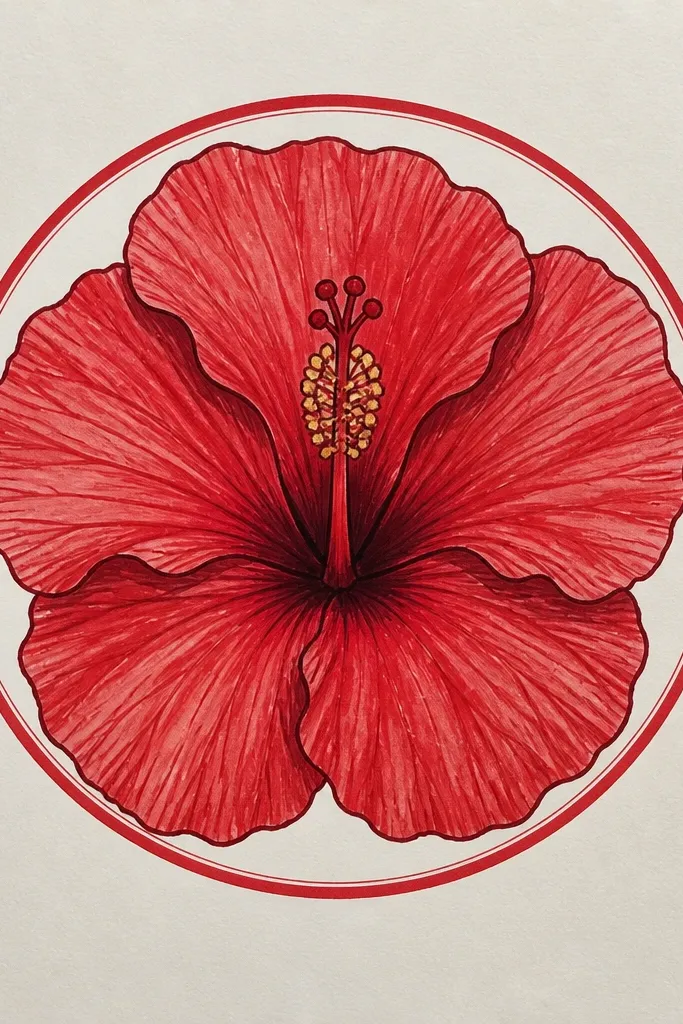 A red hibiscus centered inside a circle with clean linework