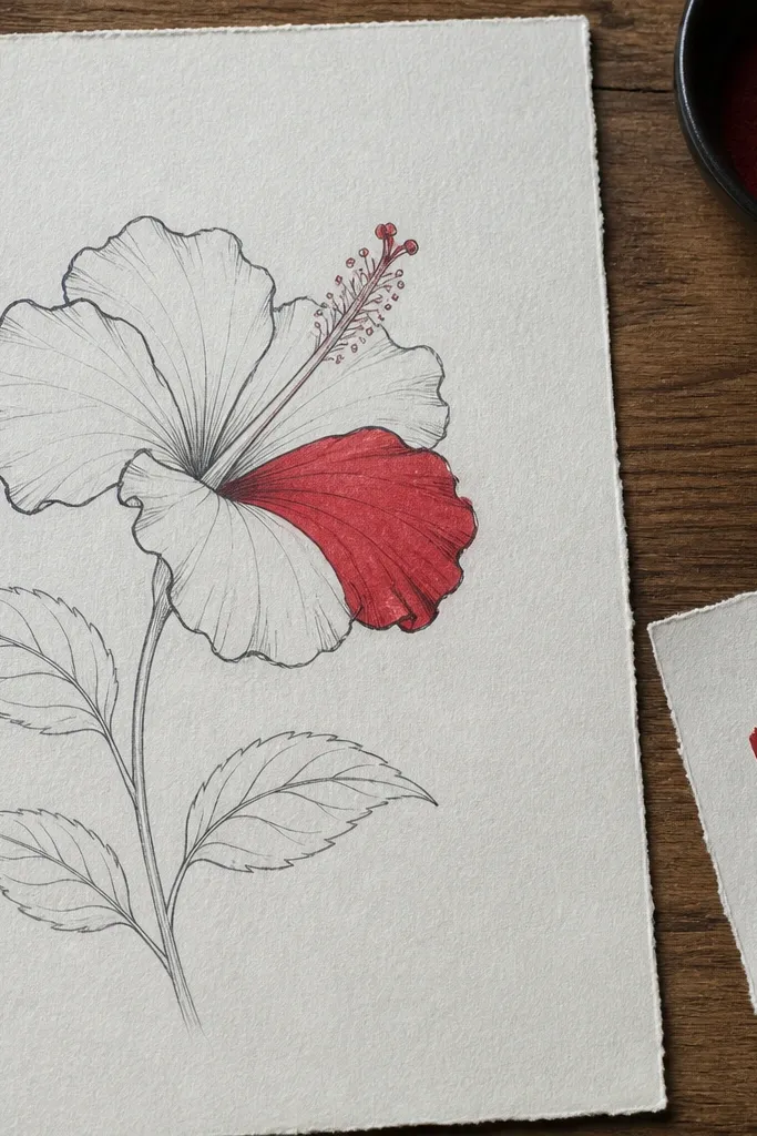 Minimal line drawing of a red hibiscus with one flat red fill on petals