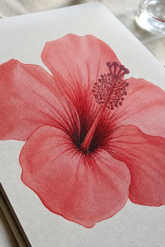 Red hibiscus with dotwork texture in the center and simple shaded petals