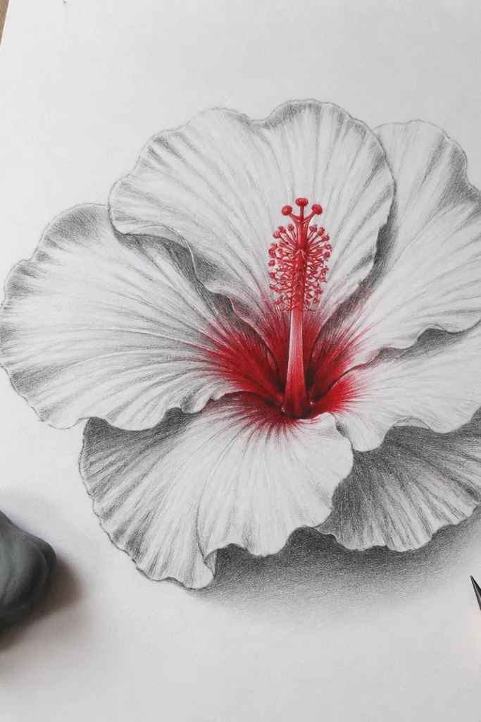 Pencil-drawn hibiscus with red accent only on the center throat and stamens