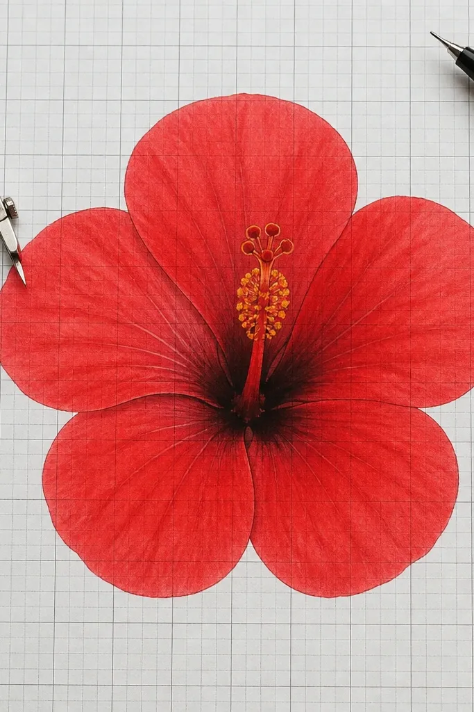 Red hibiscus drawing with symmetrical petals and even spacing on grid paper
