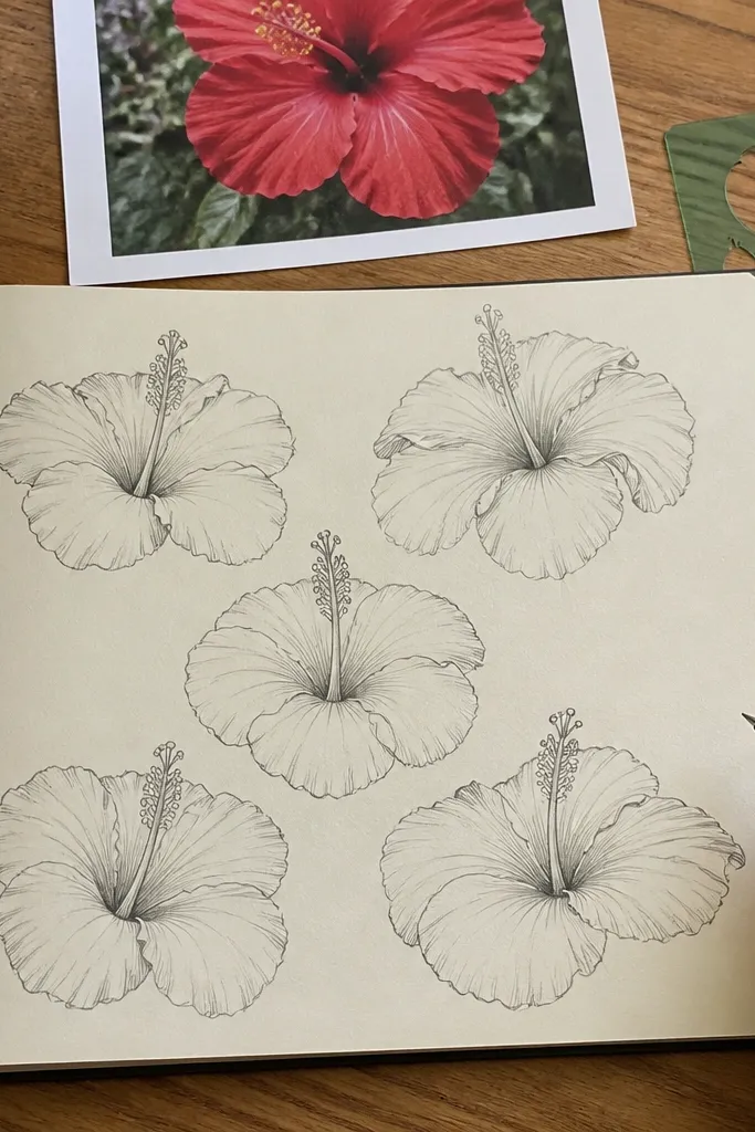 A study page showing five red hibiscus petal variations with a consistent center