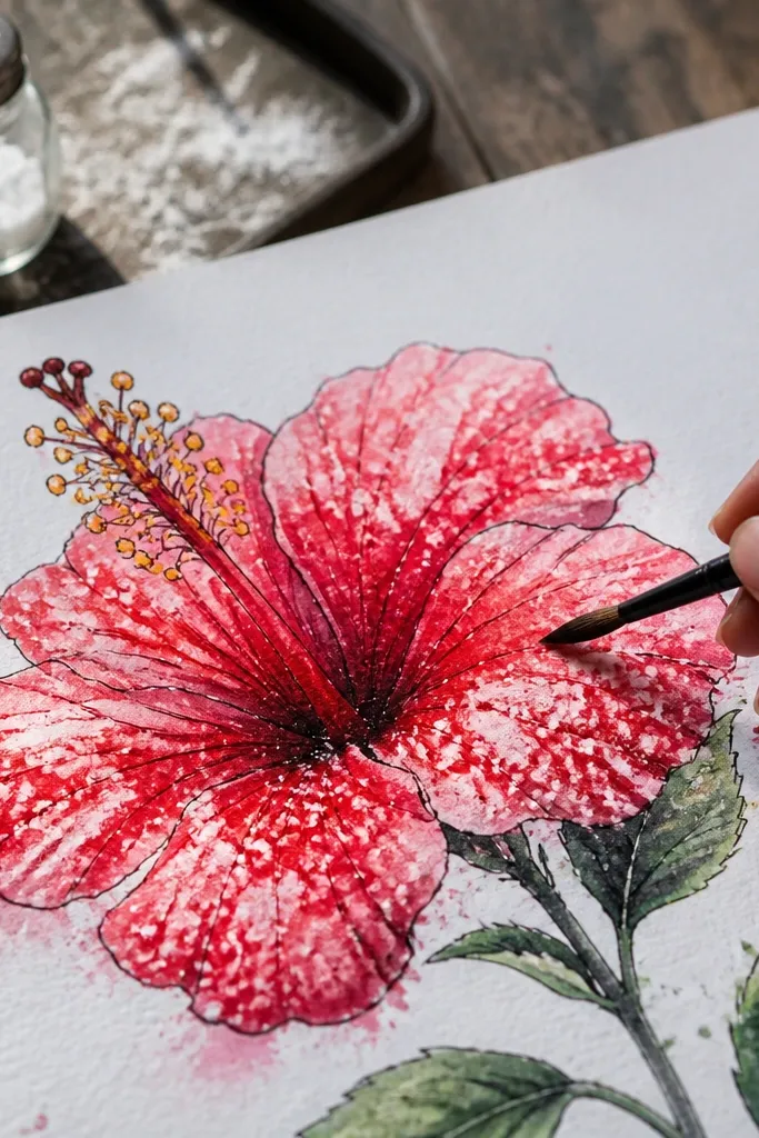 Red hibiscus watercolor with white resist spots and salt-speckled petal texture